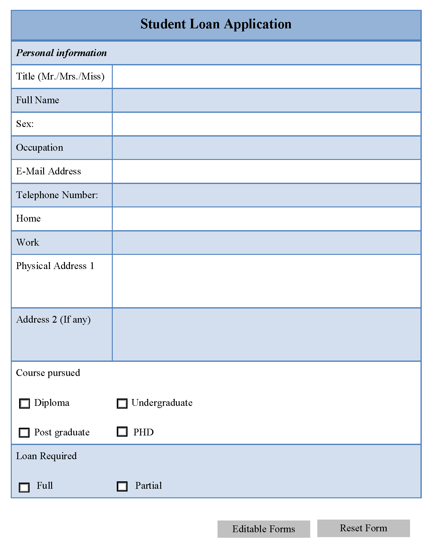 Student Loan Application Form | Editable Forms