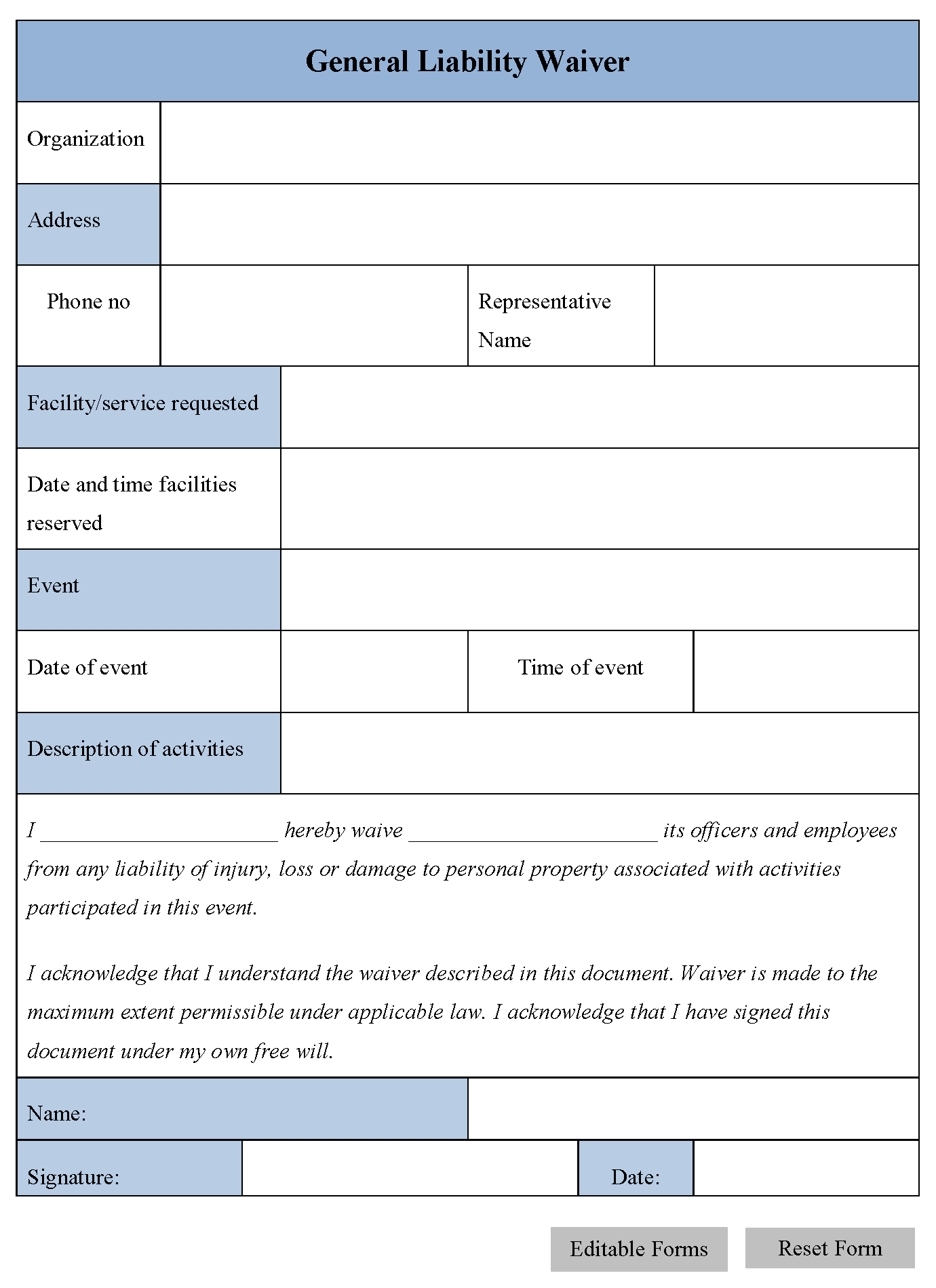 General Liability Waiver Form Editable Forms