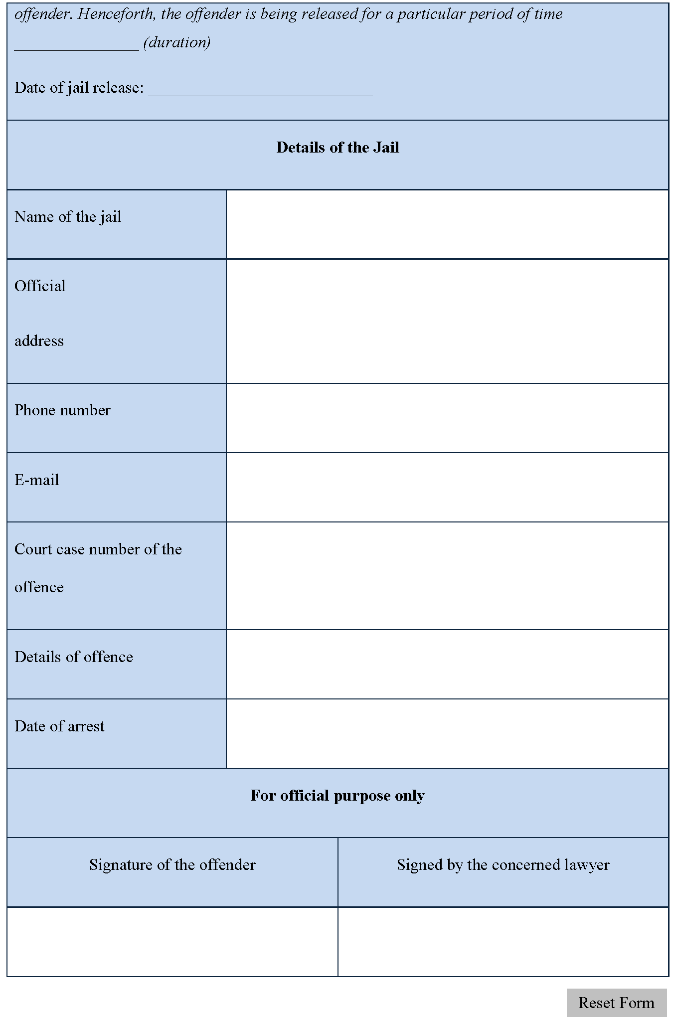 Jail Release Form