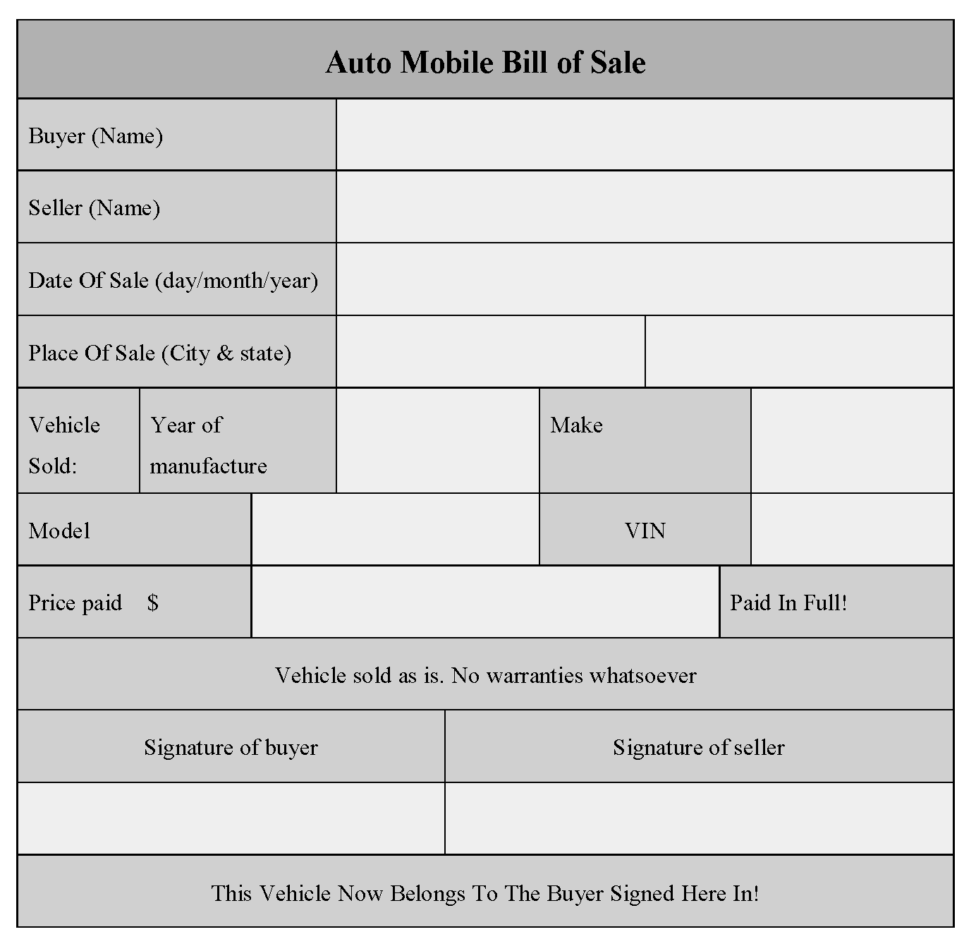 auto mobile bill of sale of form editable forms editable bill of sale