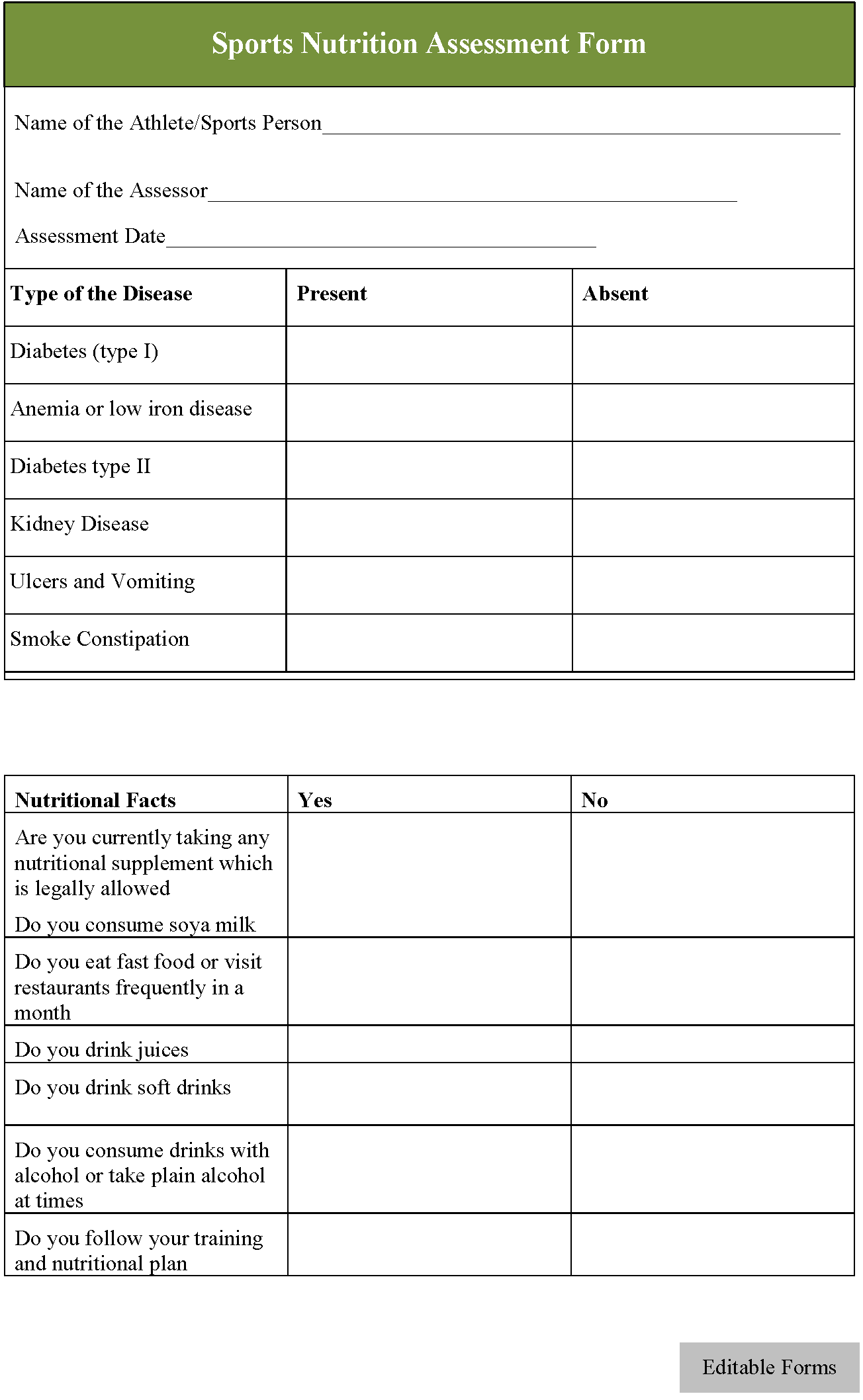 Sports Nutrition Assessment Form