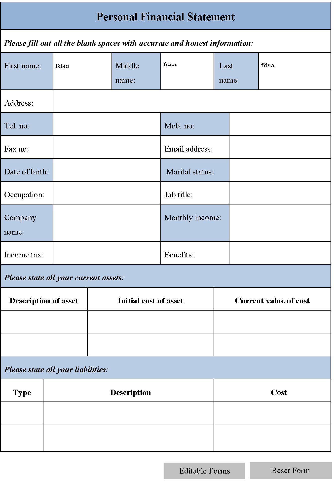Blank Personal Financial Statement Form