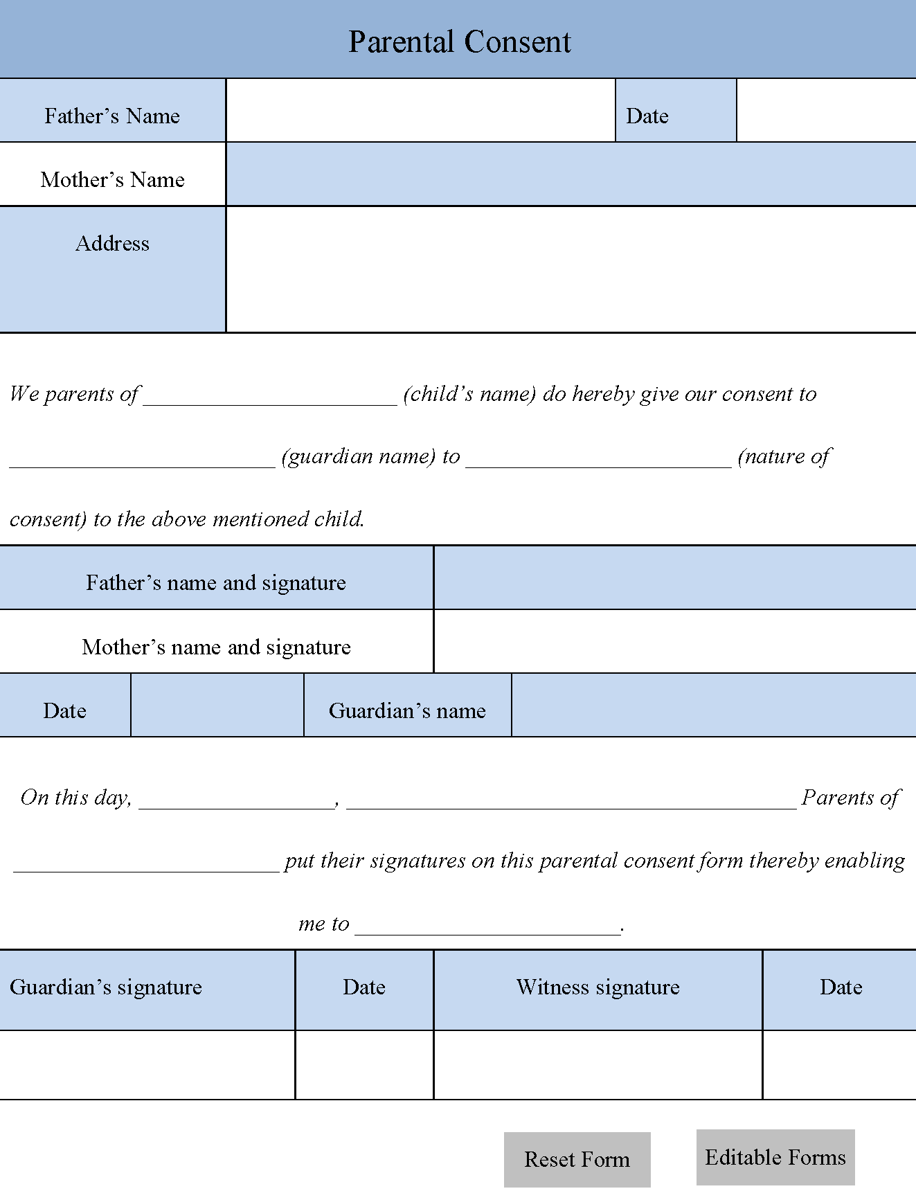 Who publishes a free parental consent form?