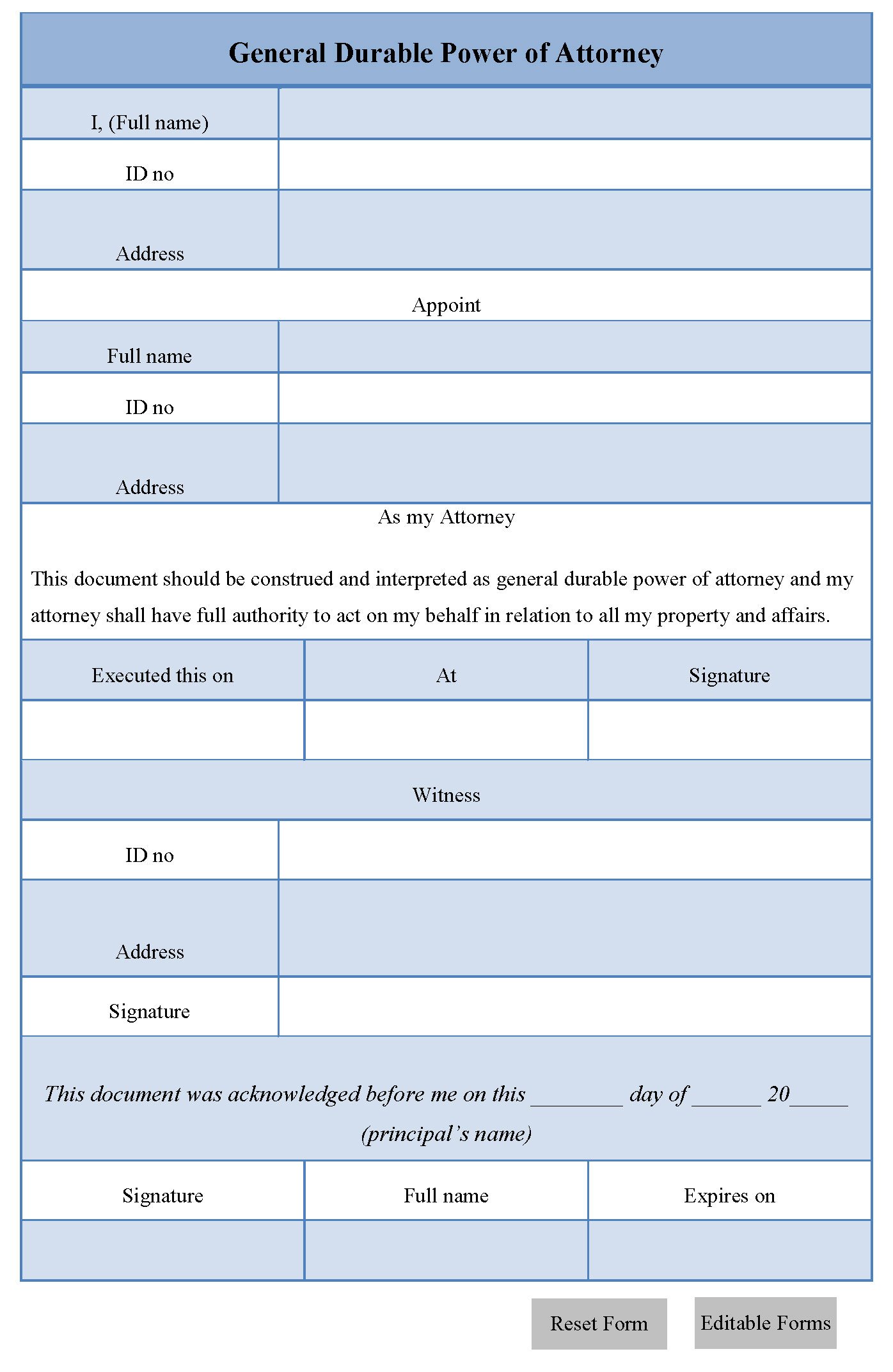 General Durable Power of Attorney Form Editable Forms