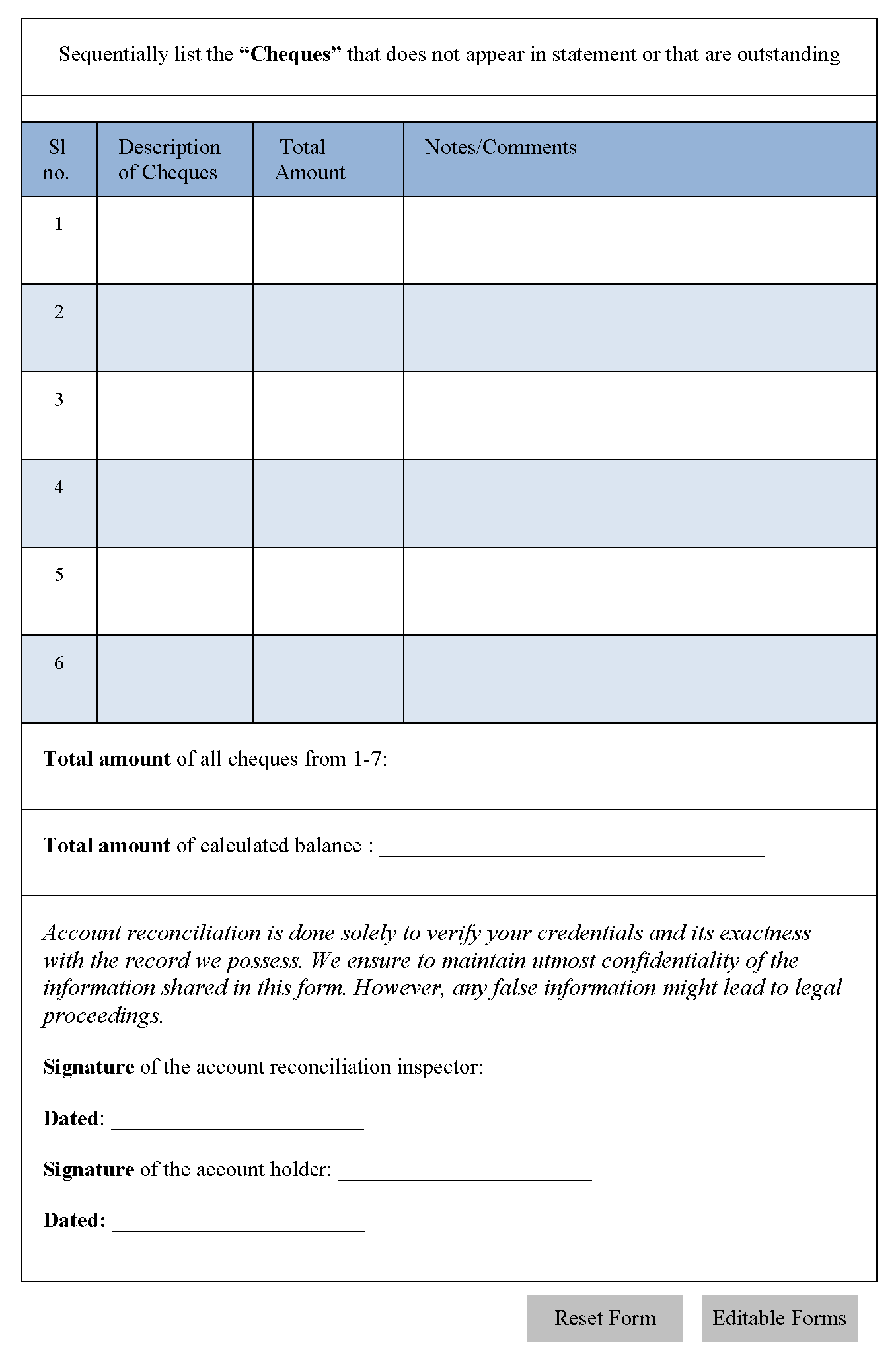 account reconciliation form
