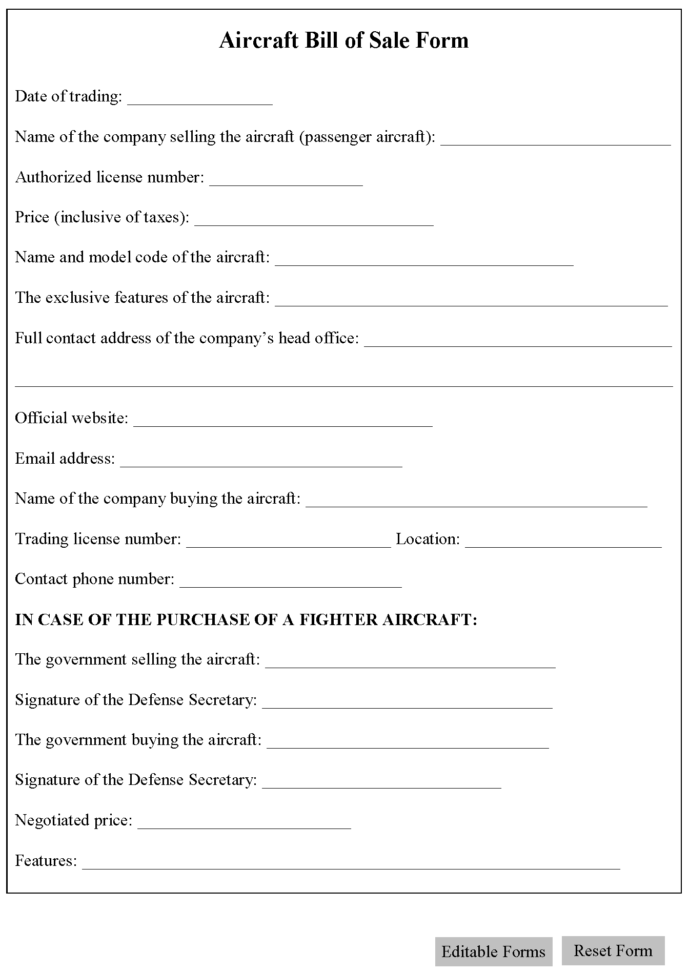 Aircraft Bill of Sale Form