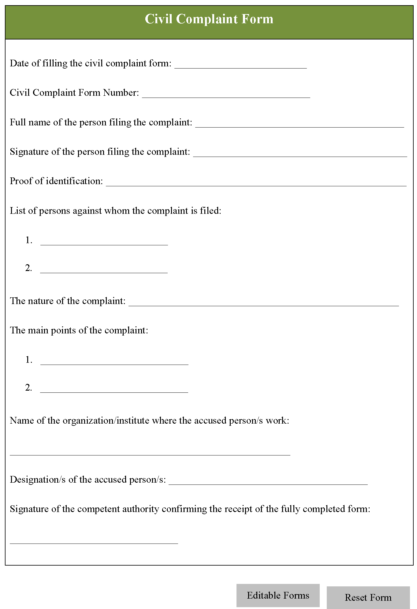 Civil Complaint Form