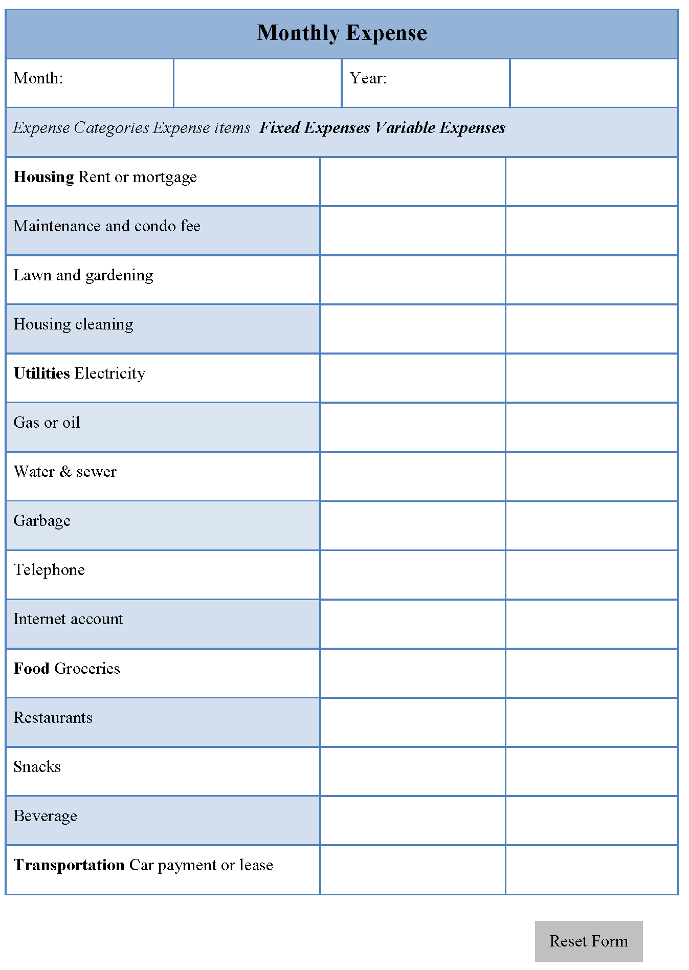 Free Printable Monthly Expense Sheet