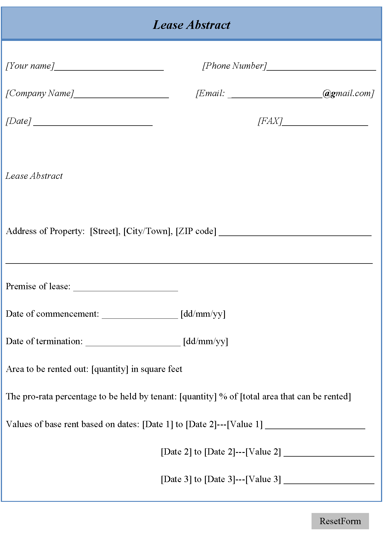 Lease Abstract Template Editable Forms