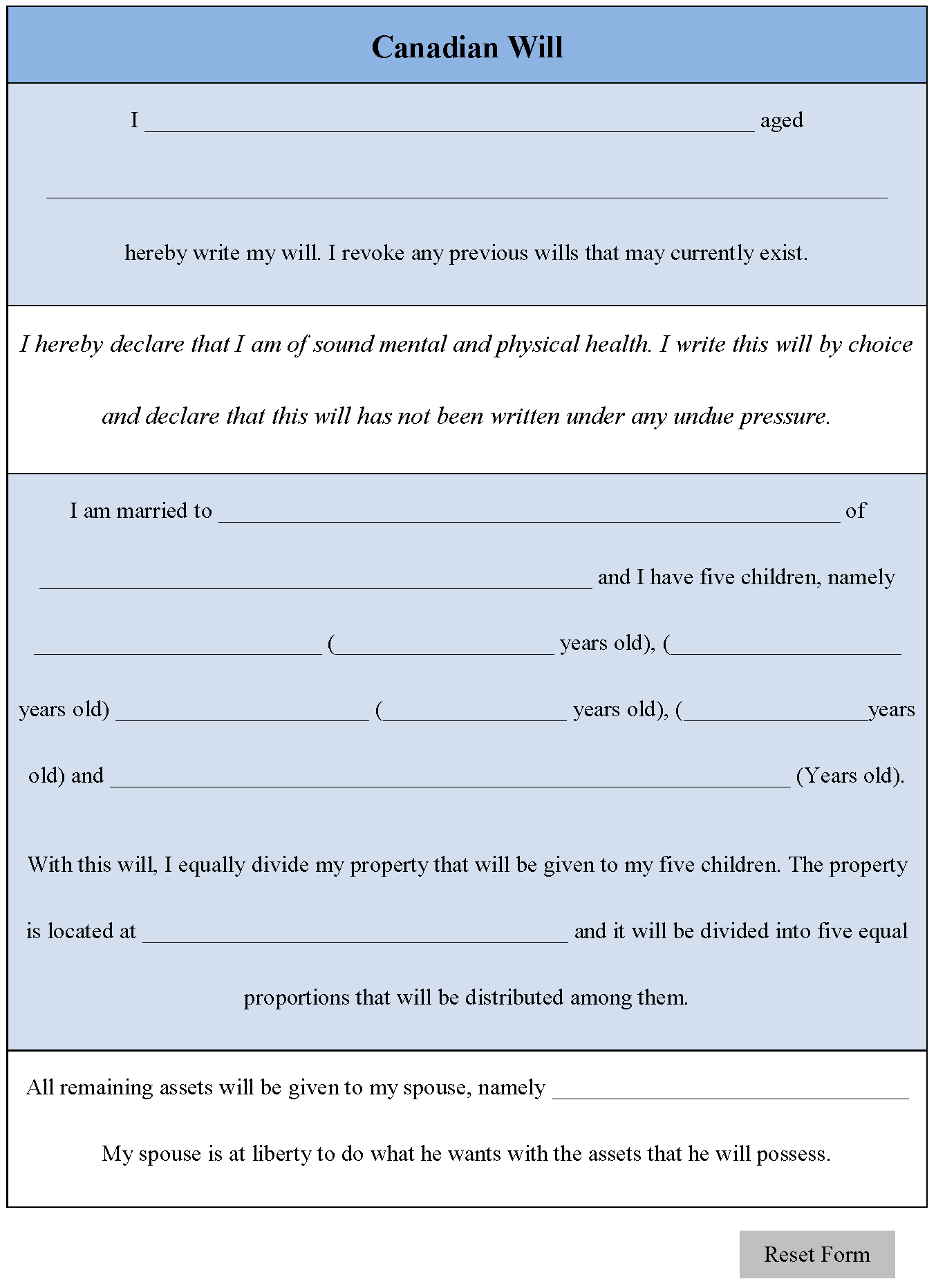 Free Printable Will Template Canada