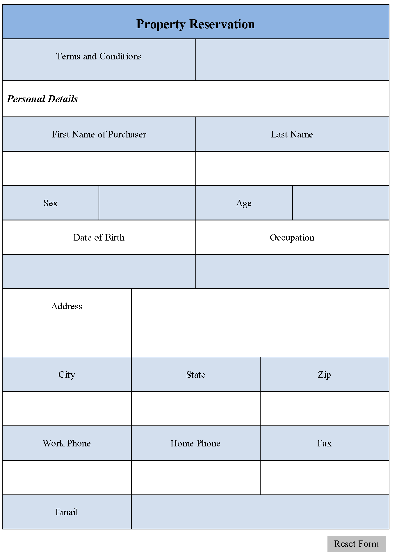 Property Reservation Form Editable Forms