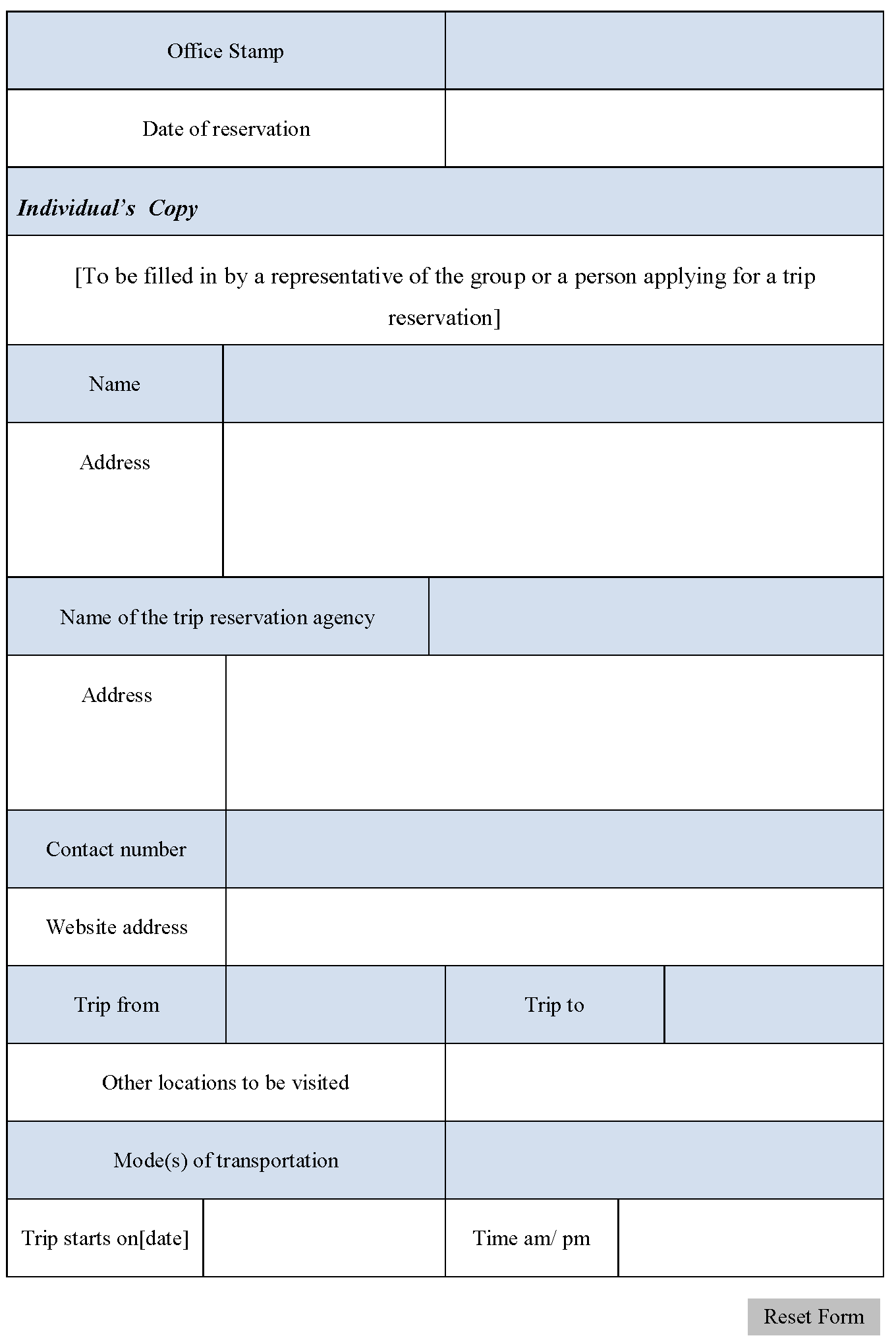 Trip Reservation Form 2 Trip Reservation Form 2