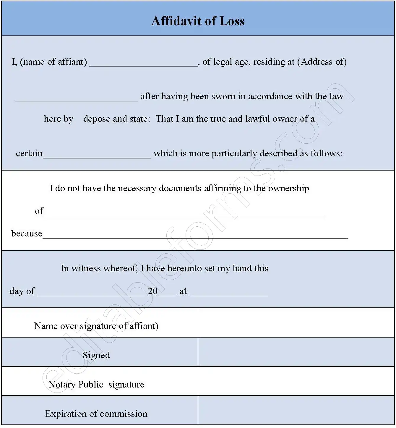 Affidavit Of Loss Fillable PDF Template