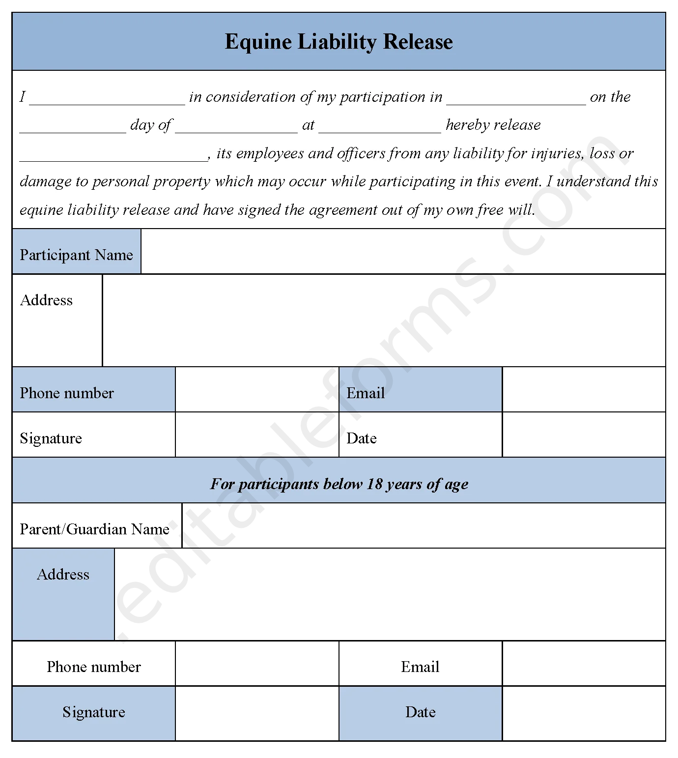 Equine Liability Release Fillable PDF Template
