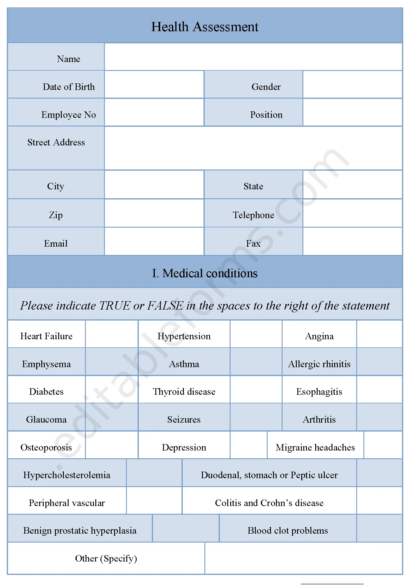 Health Assessment Fillable PDF Template