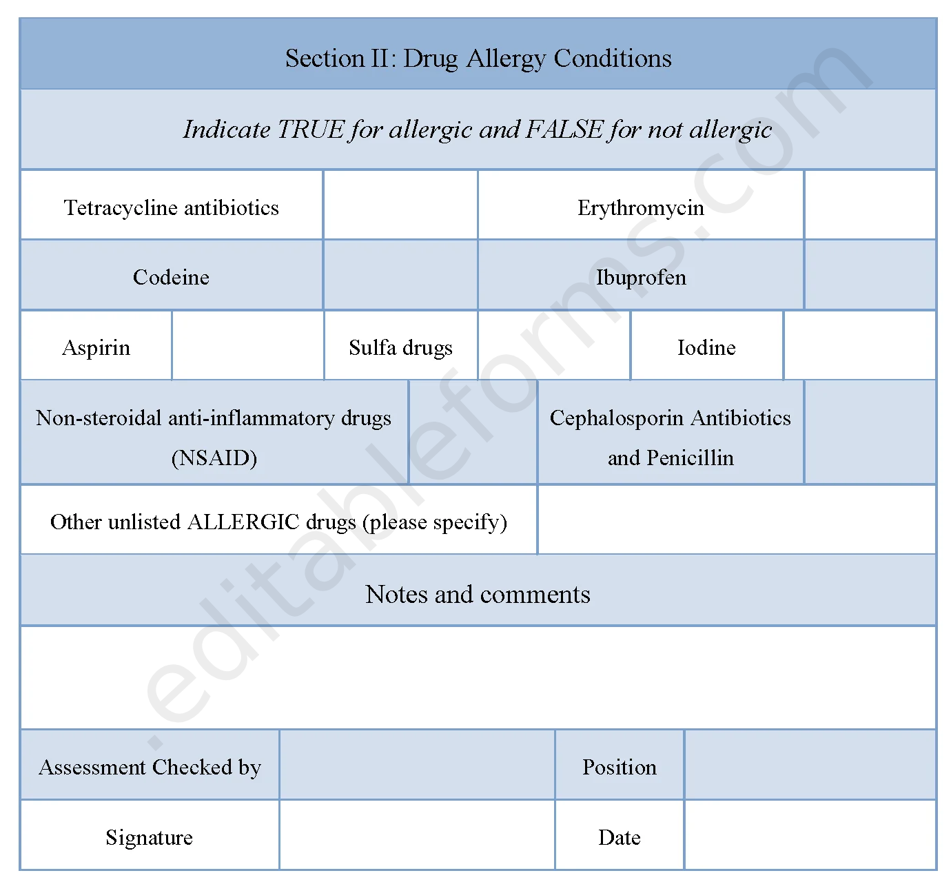 Health Assessment Fillable PDF Template
