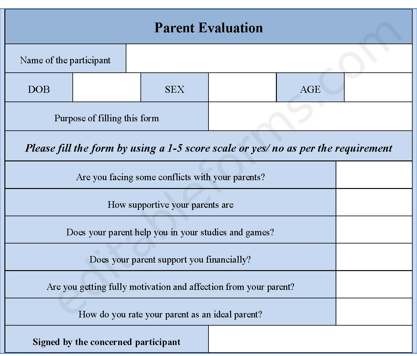 Parent Evaluation Fillable PDF Template