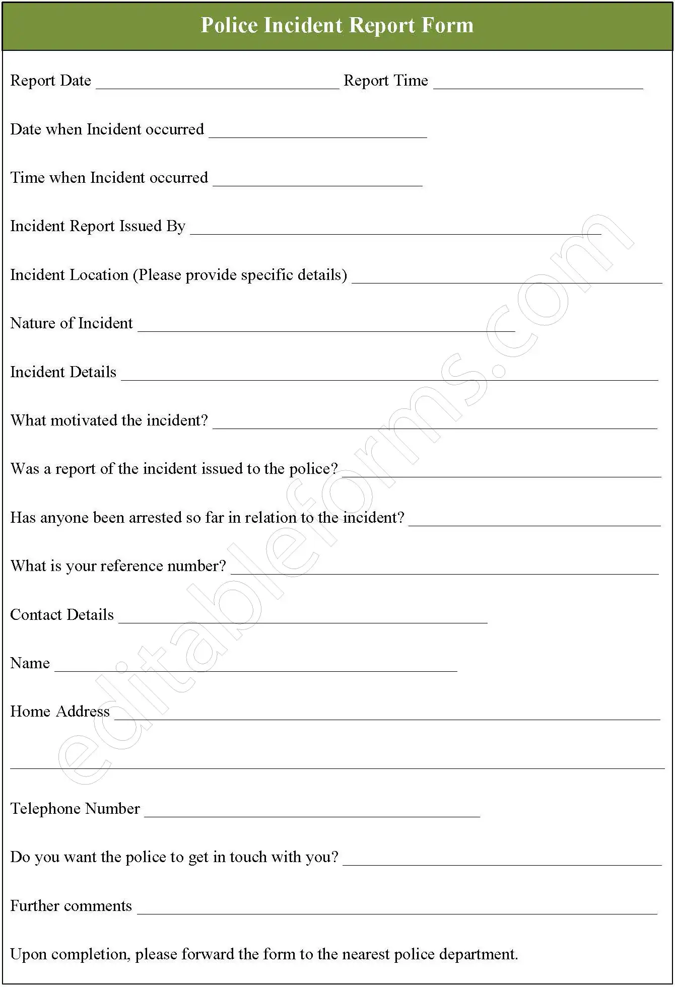 Police Incident Report Fillable PDF Template