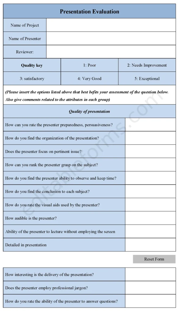 Presentation Evaluation Fillable PDF Template