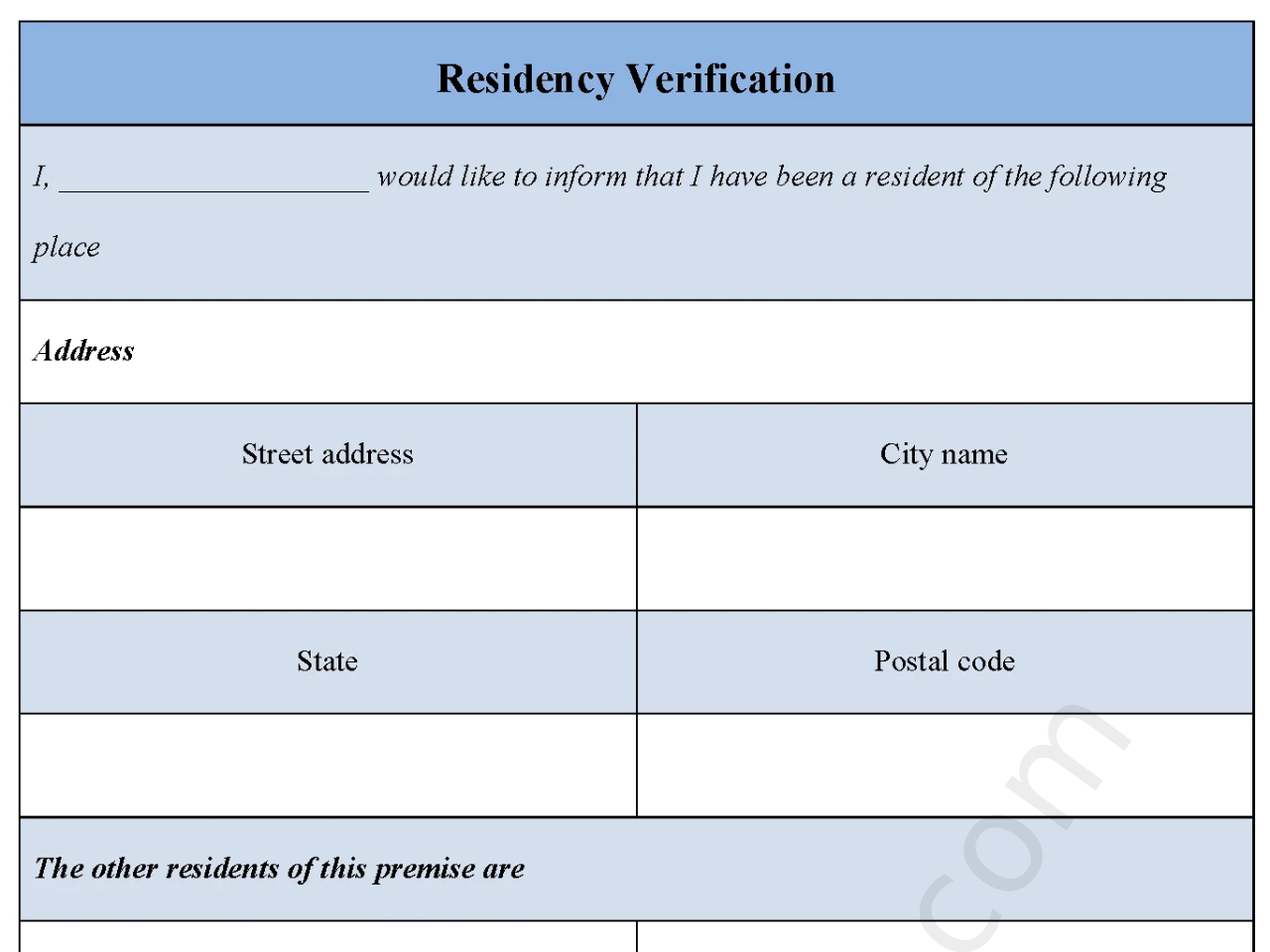 Residency Verification Form Residency Verification Form