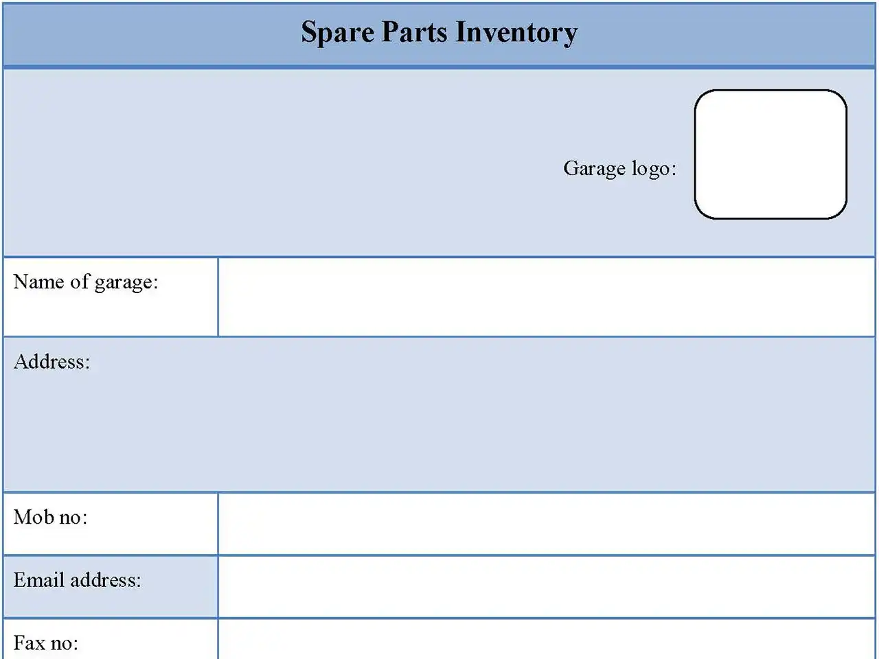 Spare Parts Inventory Form