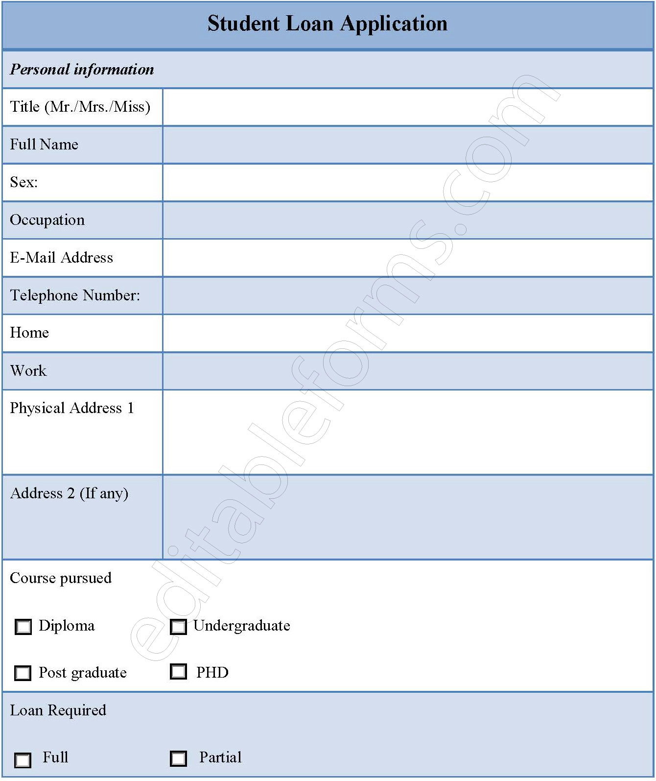 Student Loan Application Fillable PDF Form