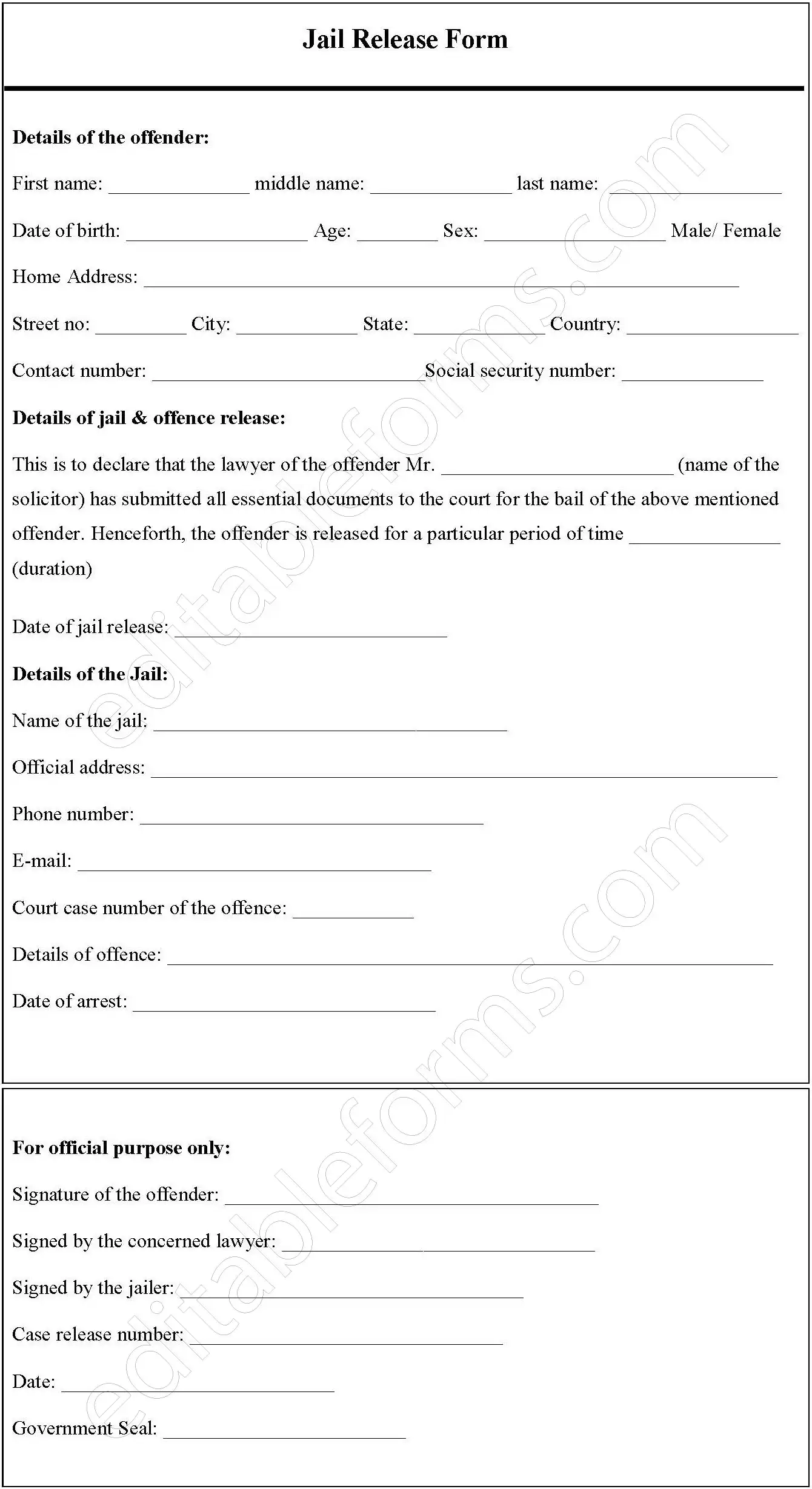 Jail Release Fillable PDF Template