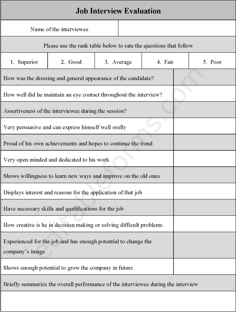 Job Interview Evaluation Fillable PDF Template