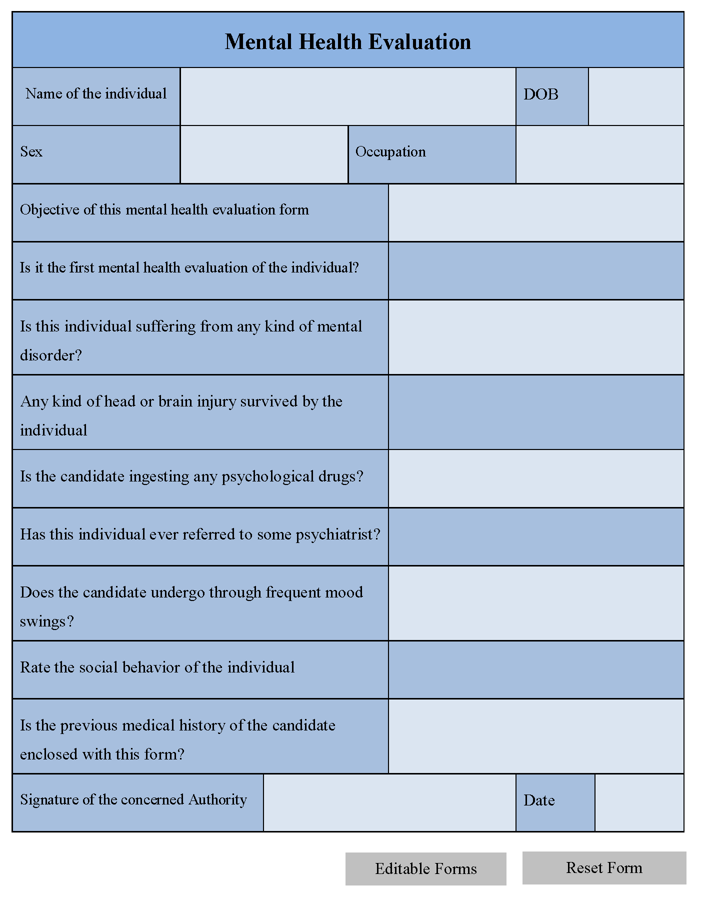 Printable Mental Health Intake Assessment Forms