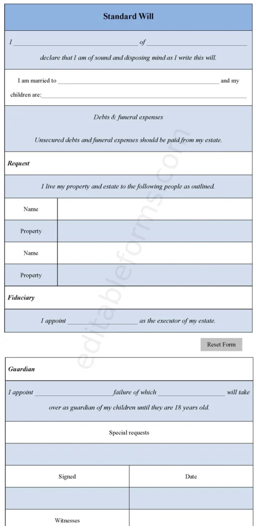 Standard Will Fillable PDF Template