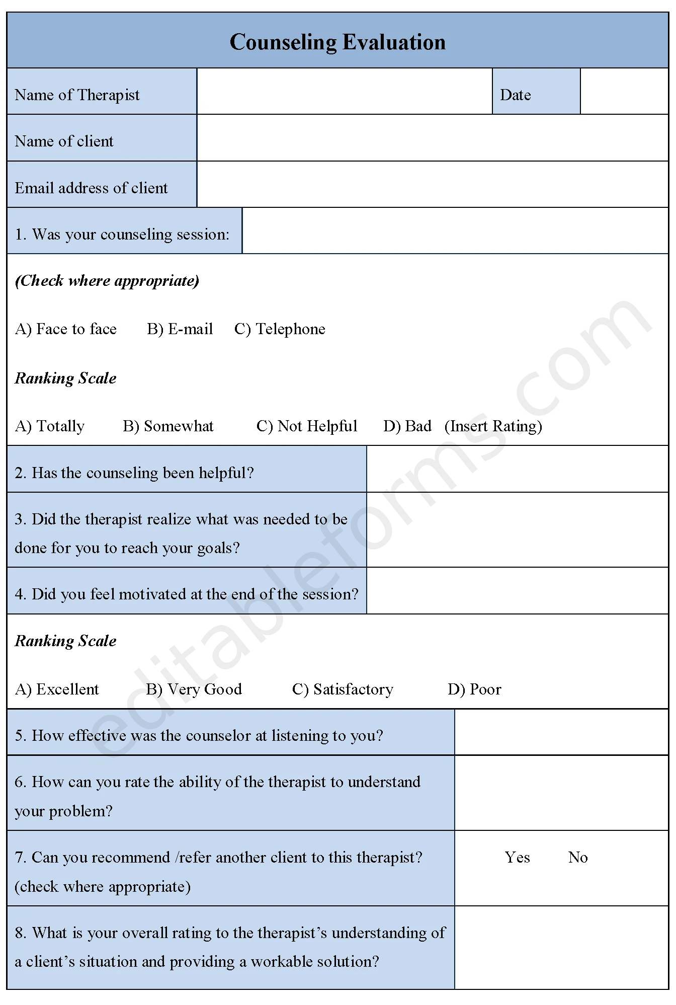 Counseling Evaluation Fillable PDF Template