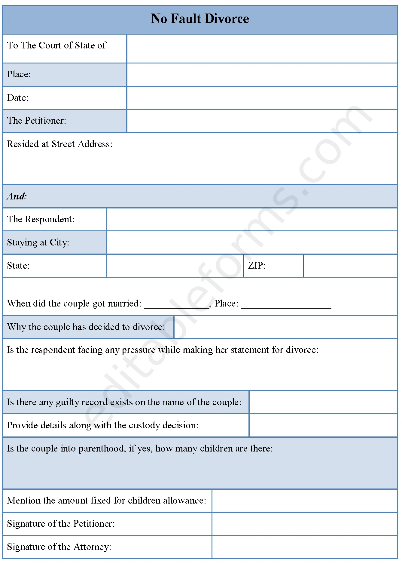 No Fault Divorce Fillable PDF Template