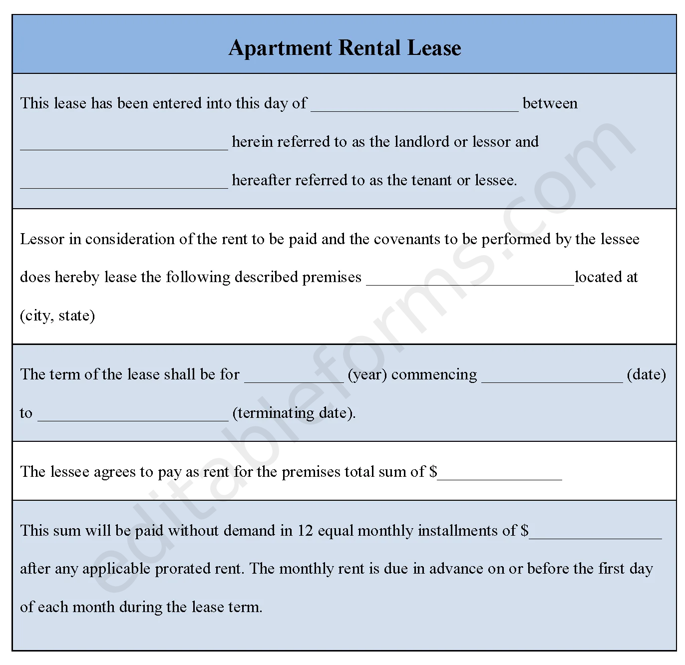 Apartment Rental Lease Fillable PDF Template