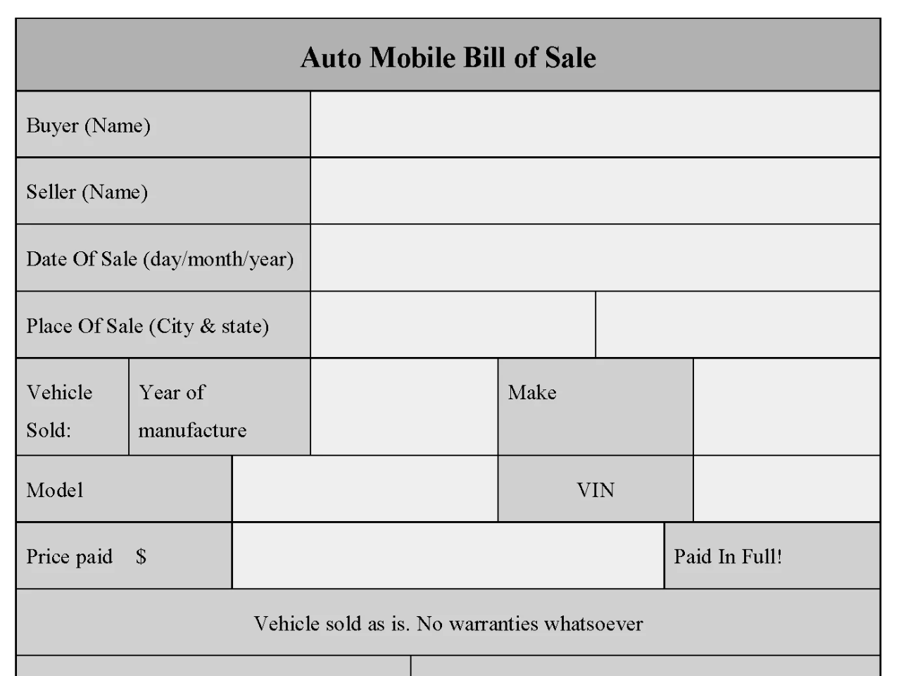 Auto Mobile Bill Of Sale Of Form
