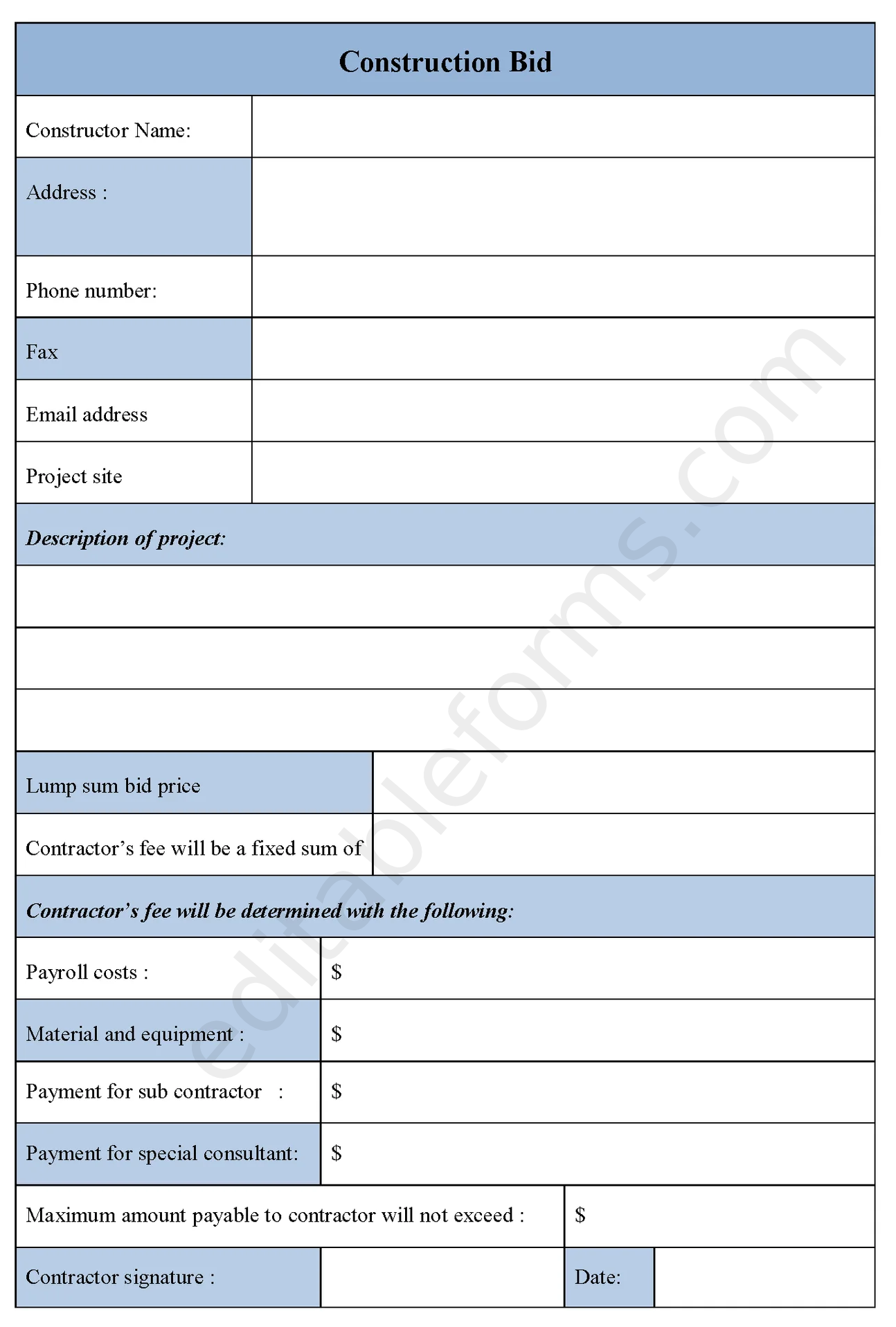 Construction Bid Fillable PDF Template