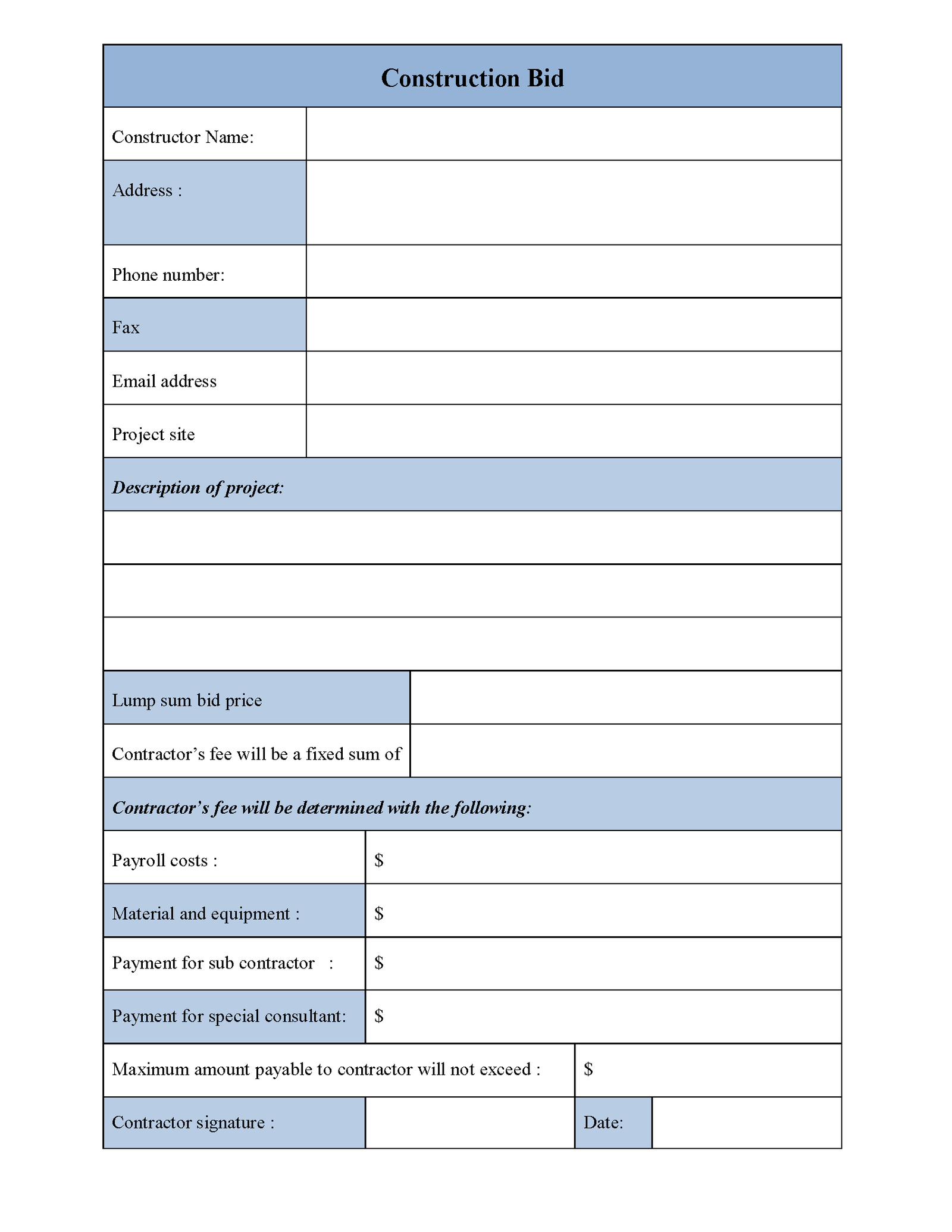 Construction Bid Form Editable PDF Forms