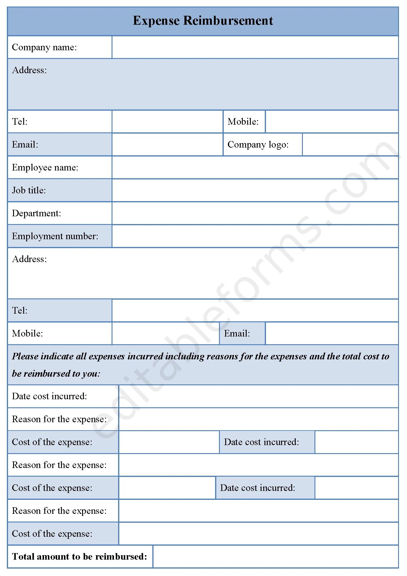 Expense Reimbursement Fillable PDF Template