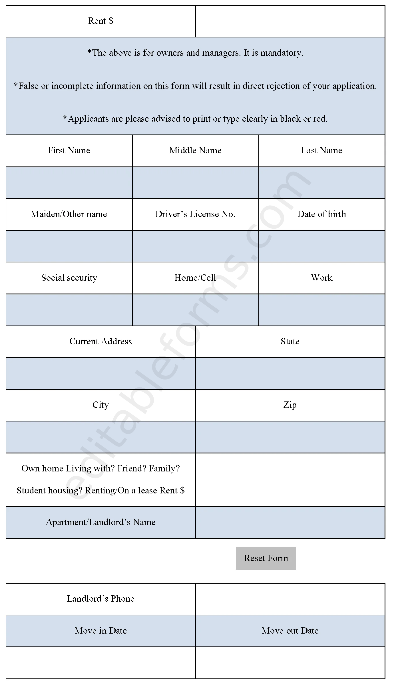 Tenant Verification Fillable PDF Template