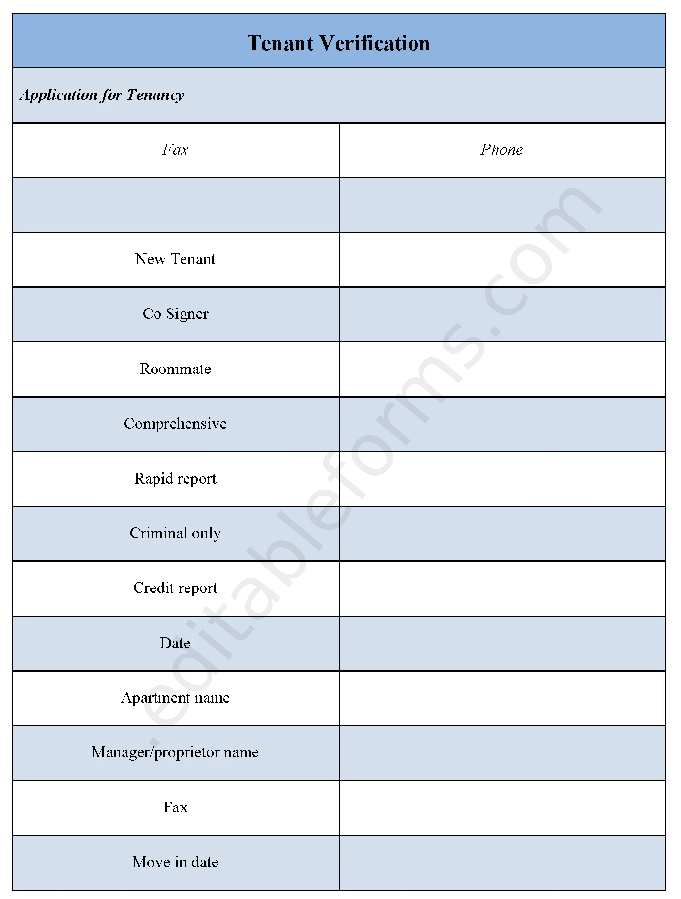 Tenant Verification Fillable PDF Template