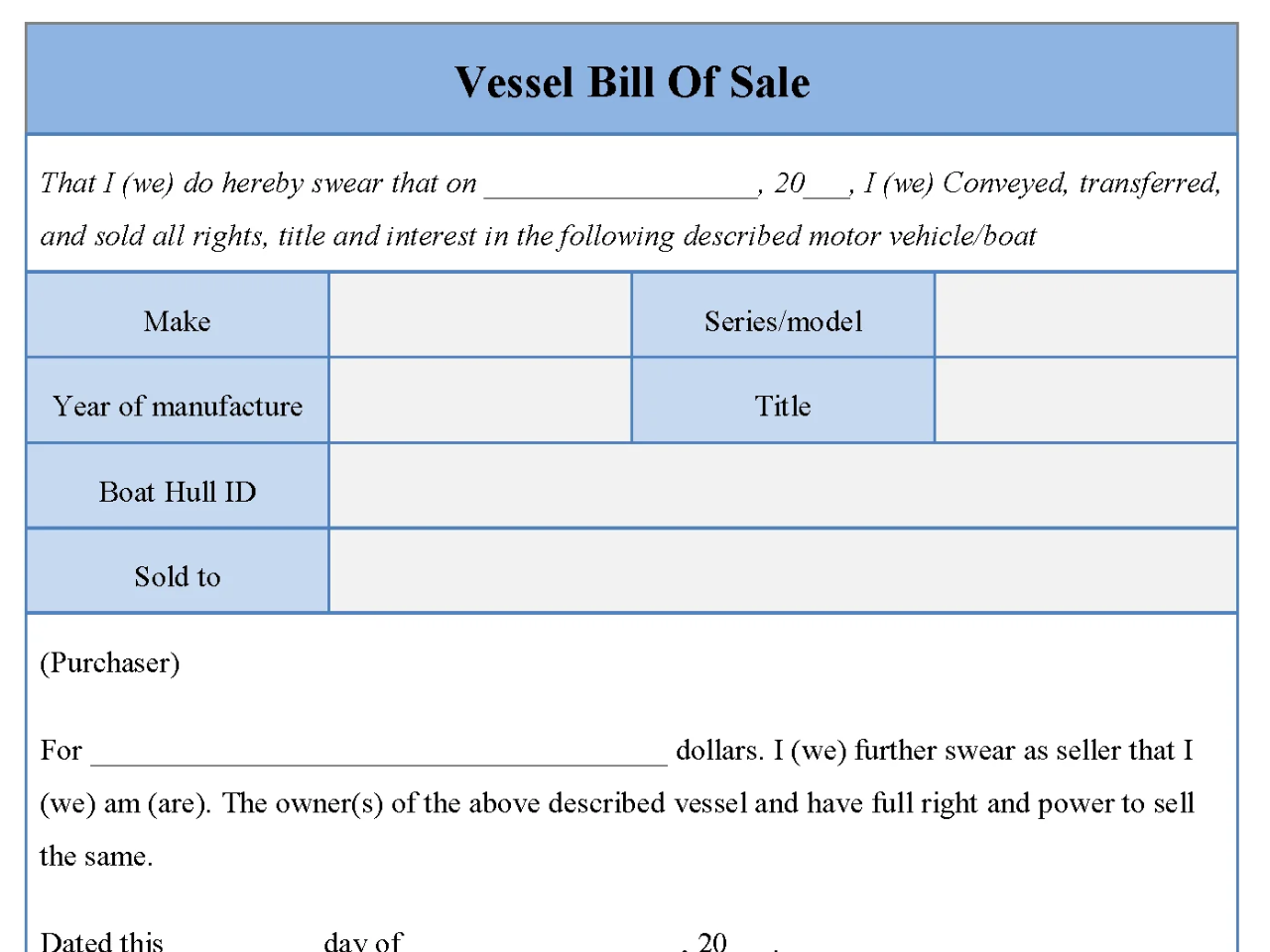 Vessel Bill Of Sale Form