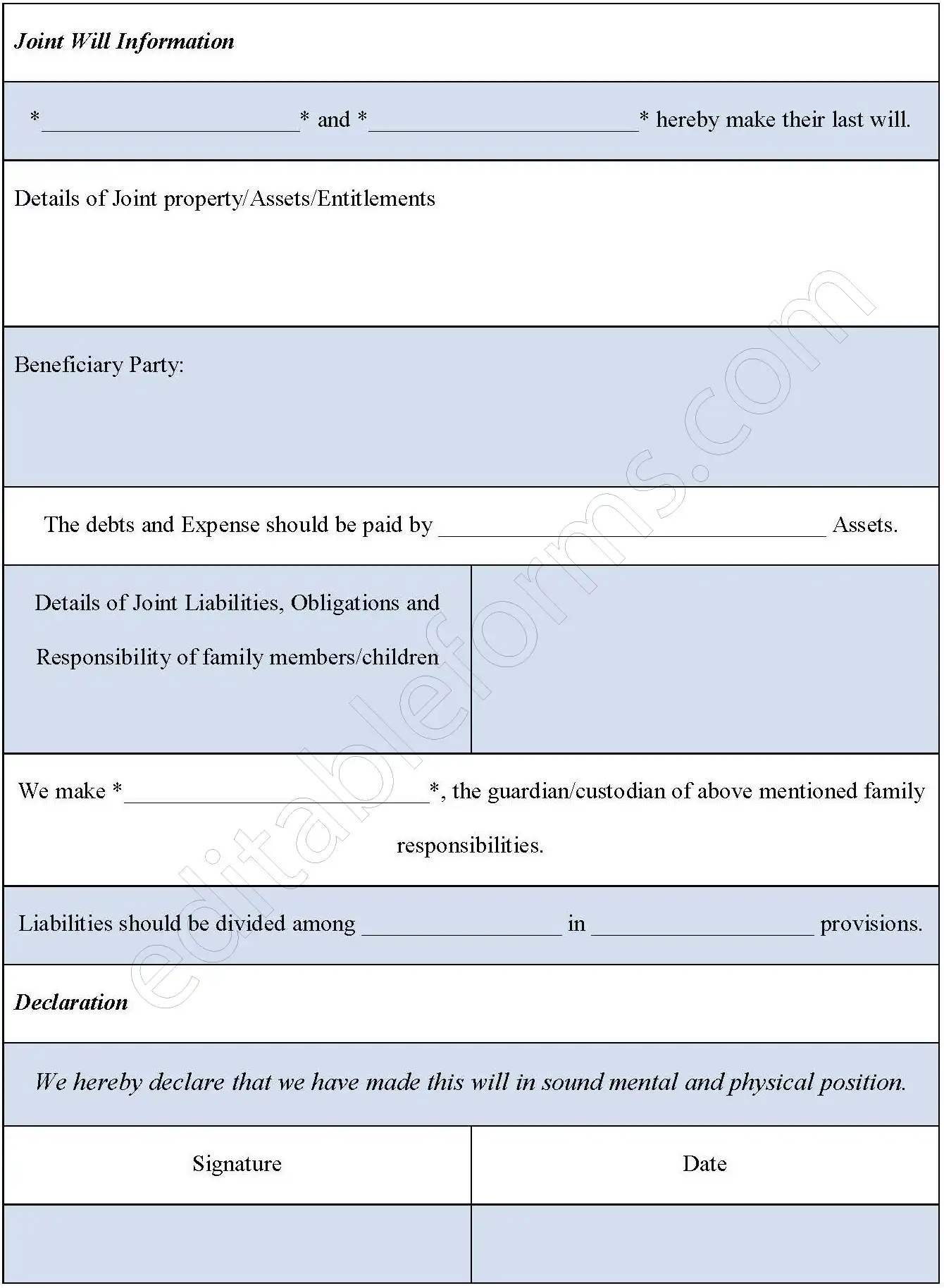 Joint Will Fillable PDF Template