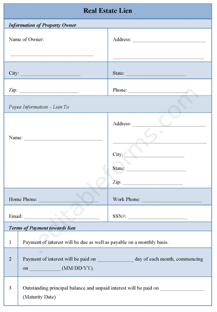 Real Estate Lien Fillable PDF Template