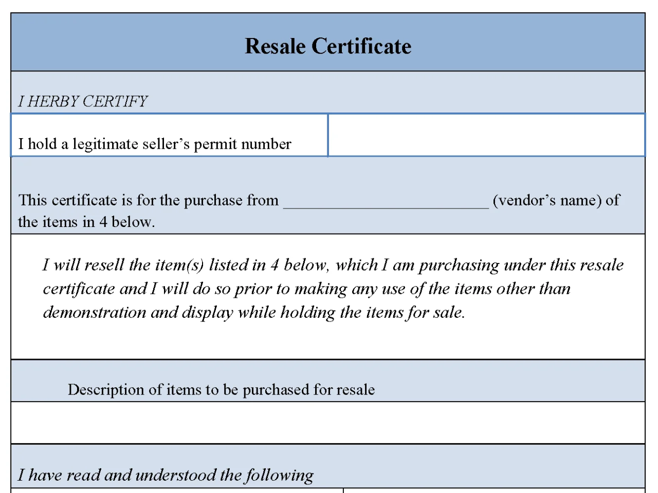 Resale Certificate Form