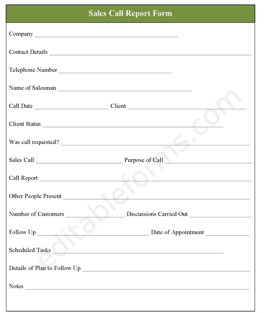 Sales Call Report Fillable PDF Template
