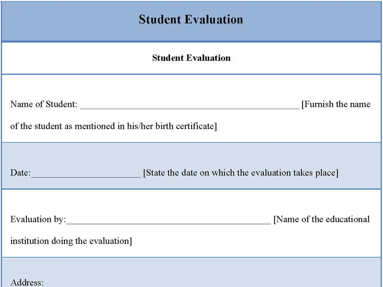 Student Evaluation Template