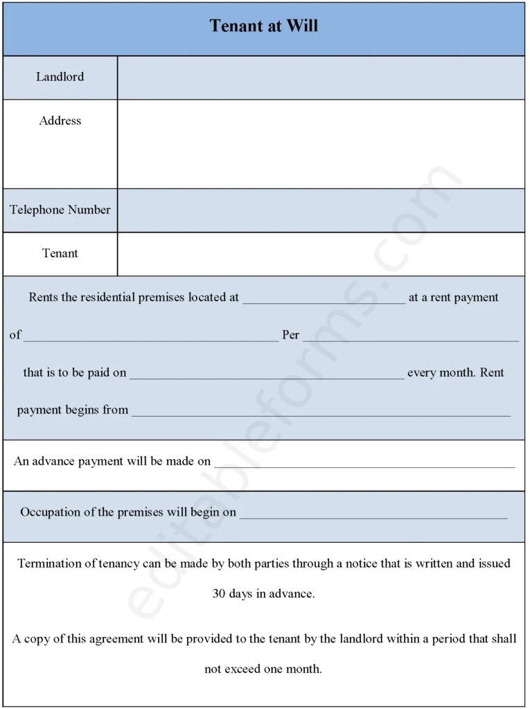 Tenant At Will Fillable PDF Template