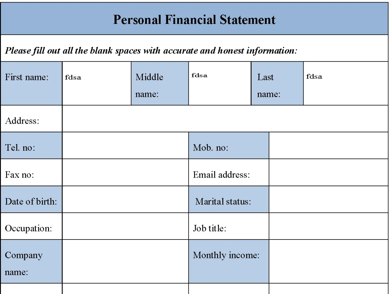 Blank Personal Financial Statement Form