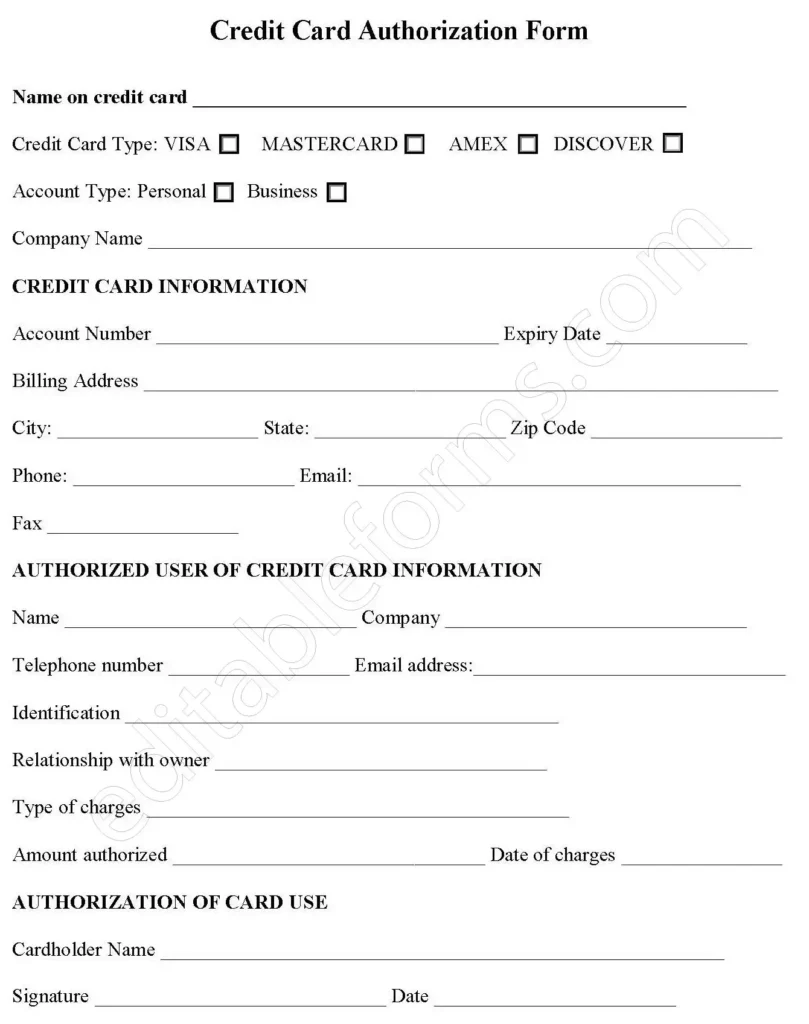Credit Card Authorization Fillable PDF Template