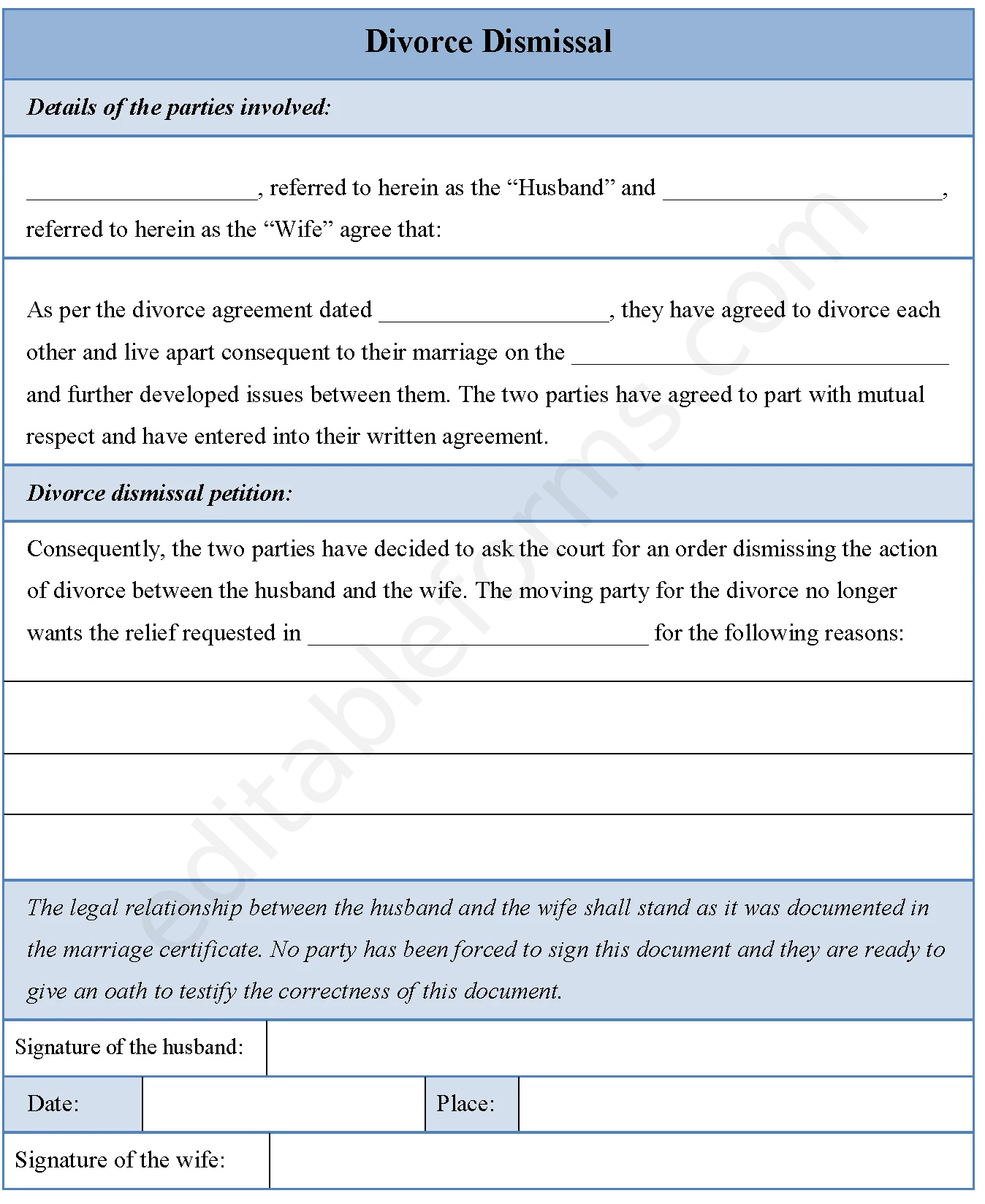 Divorce Dismissal Fillable PDF Template