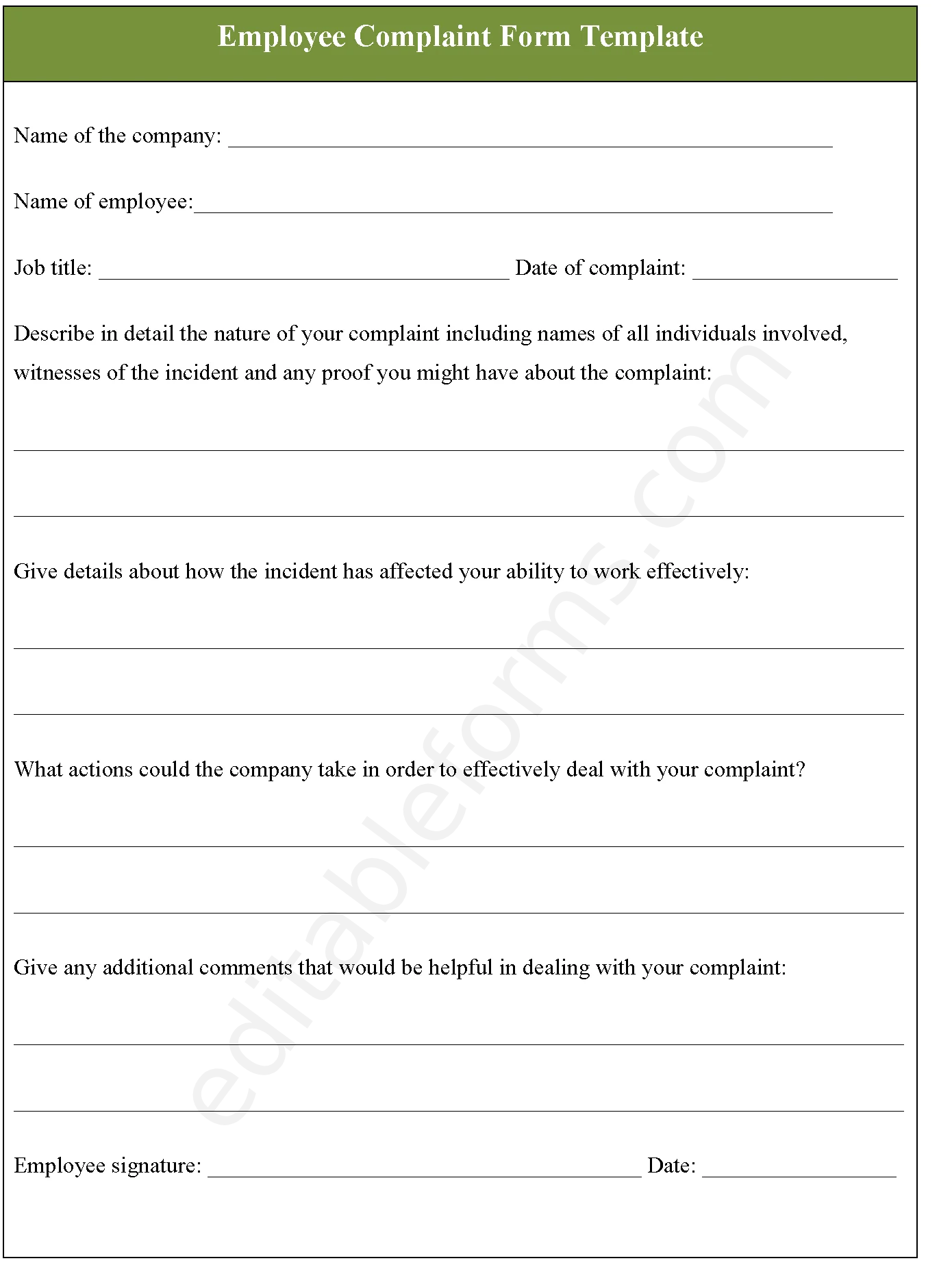 Employee Complaint Form Templa